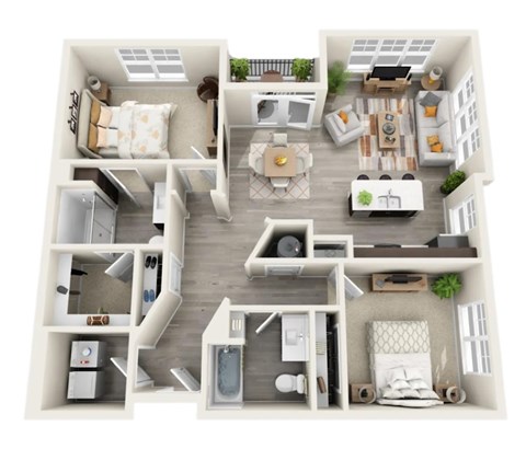 A top-down view of a small apartment layout with a kitchen, living room, and bedroom.